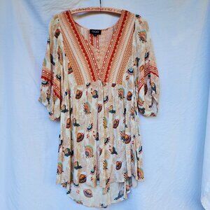 GiGiO Women's Flowy Boho Print Top Balloon Sleeves Vee-neck